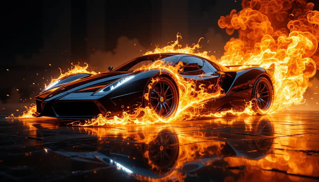 Futuristic sports car engulfed in dramatic swirling flames