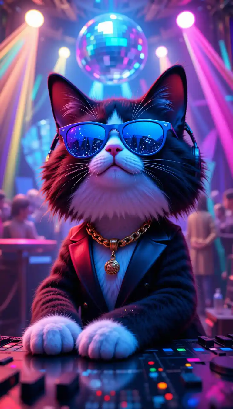 Chat DJ en smoking dans une boîte de nuit néon