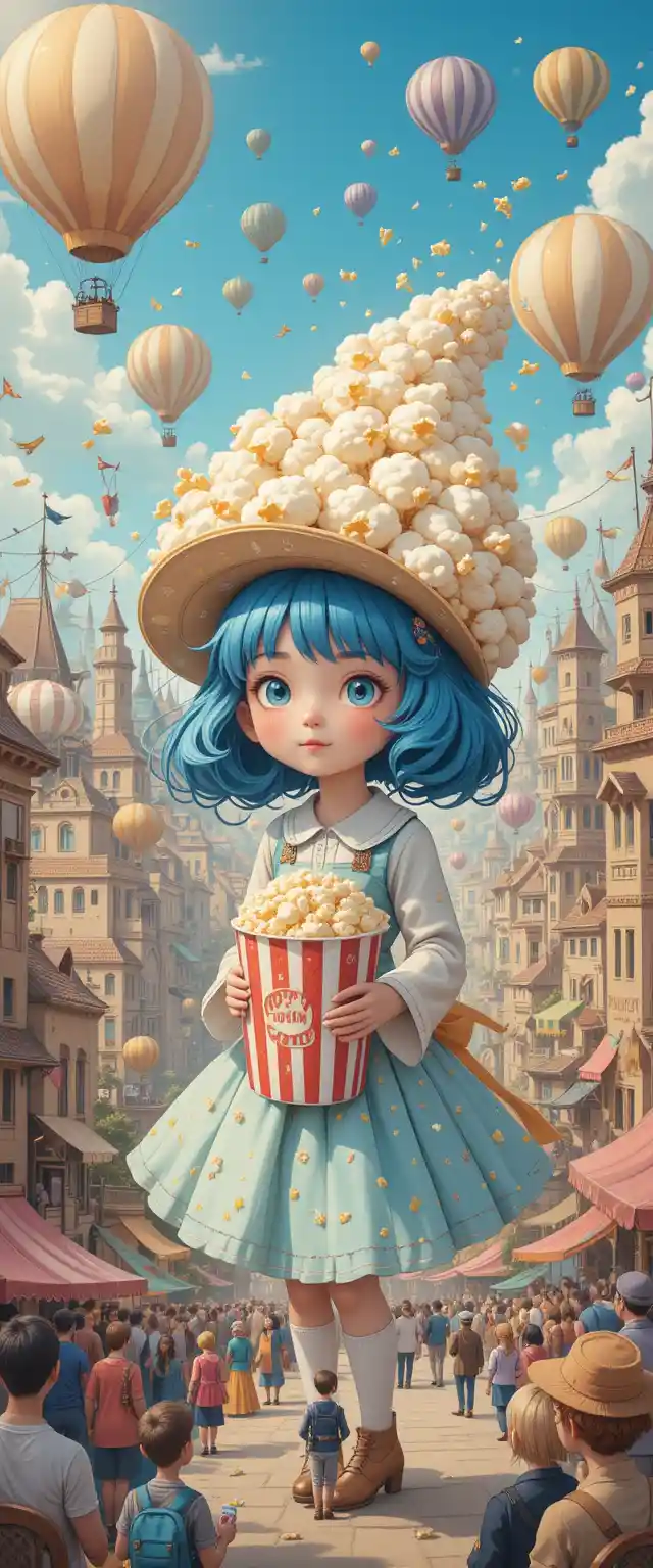 Blue haired girl with popcorn in a whimsical city