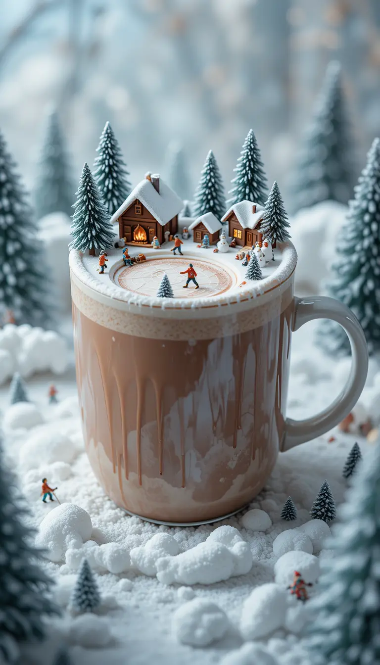 Cozy winter hot chocolate with miniature snowy village