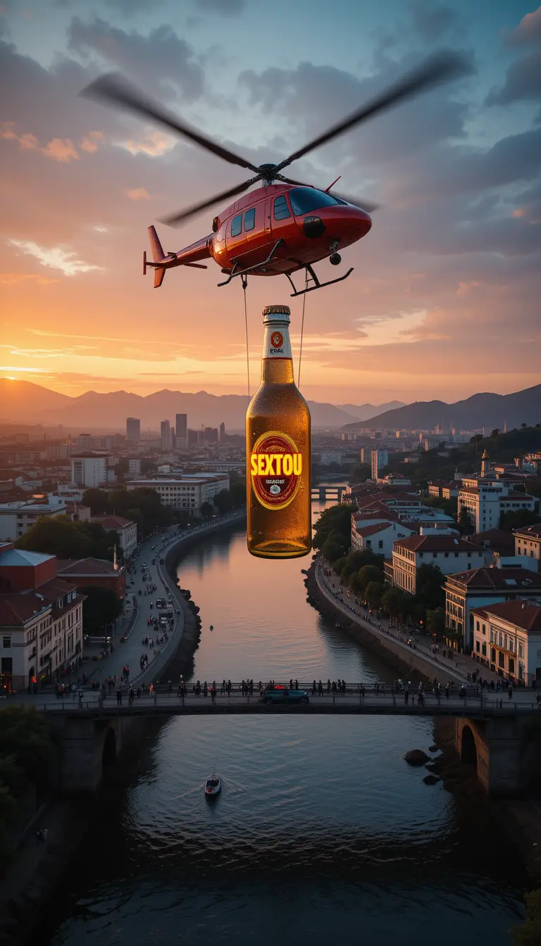 Red helicopter carrying giant beer bottle over city at sunset
