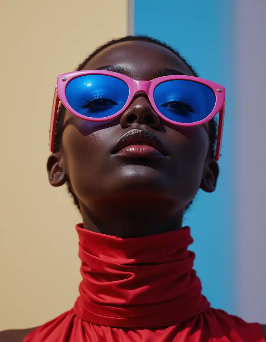Retrato de moda de una mujer segura de sí misma con gafas de sol rosas