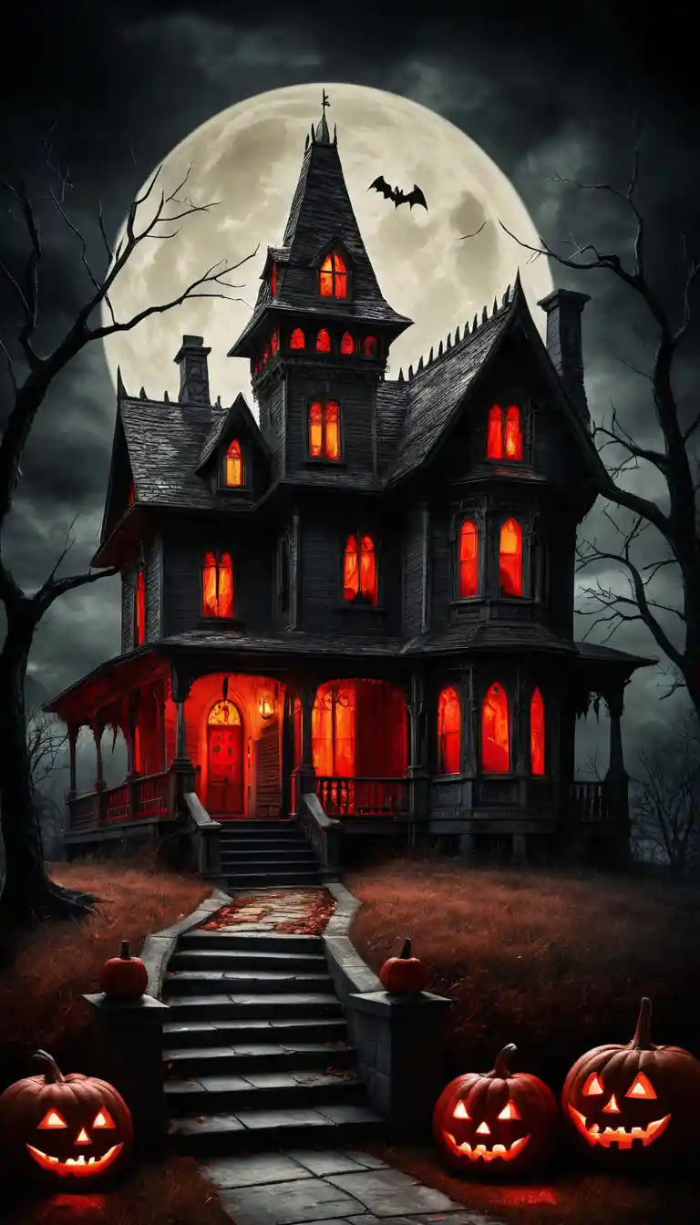 Haunted house on a hill with glowing red windows