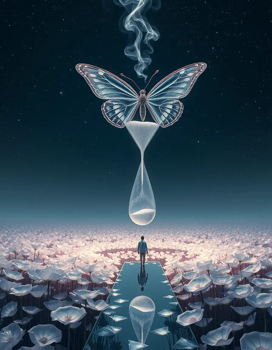 Surreal Hourglass Floating Above A Translucent Flower Field