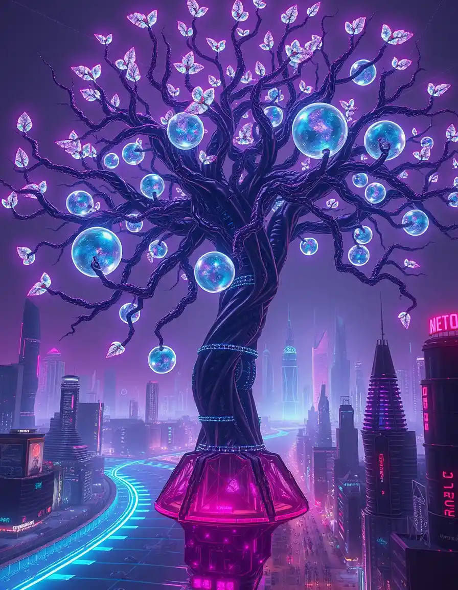 Colossal mechanical tree rising over neon cyberpunk skyline