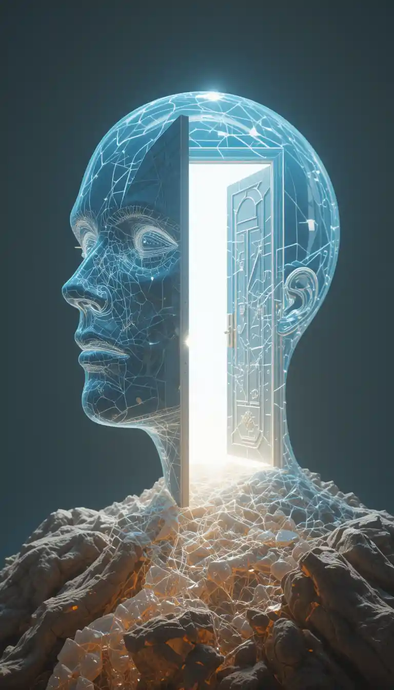 Translucent blue head with glowing doorway inside