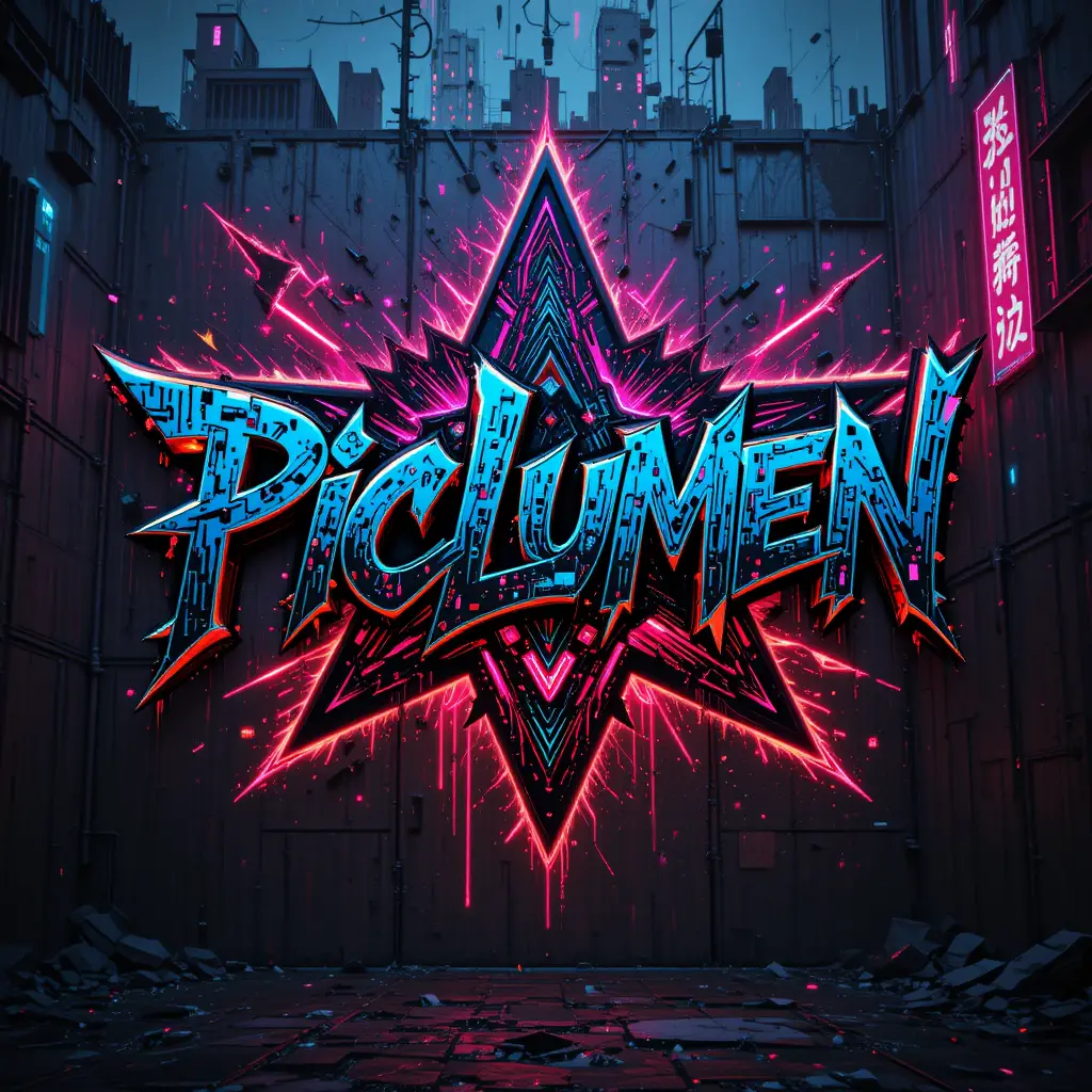 Graffiti cyberpunk logo on crumbling neon city wall