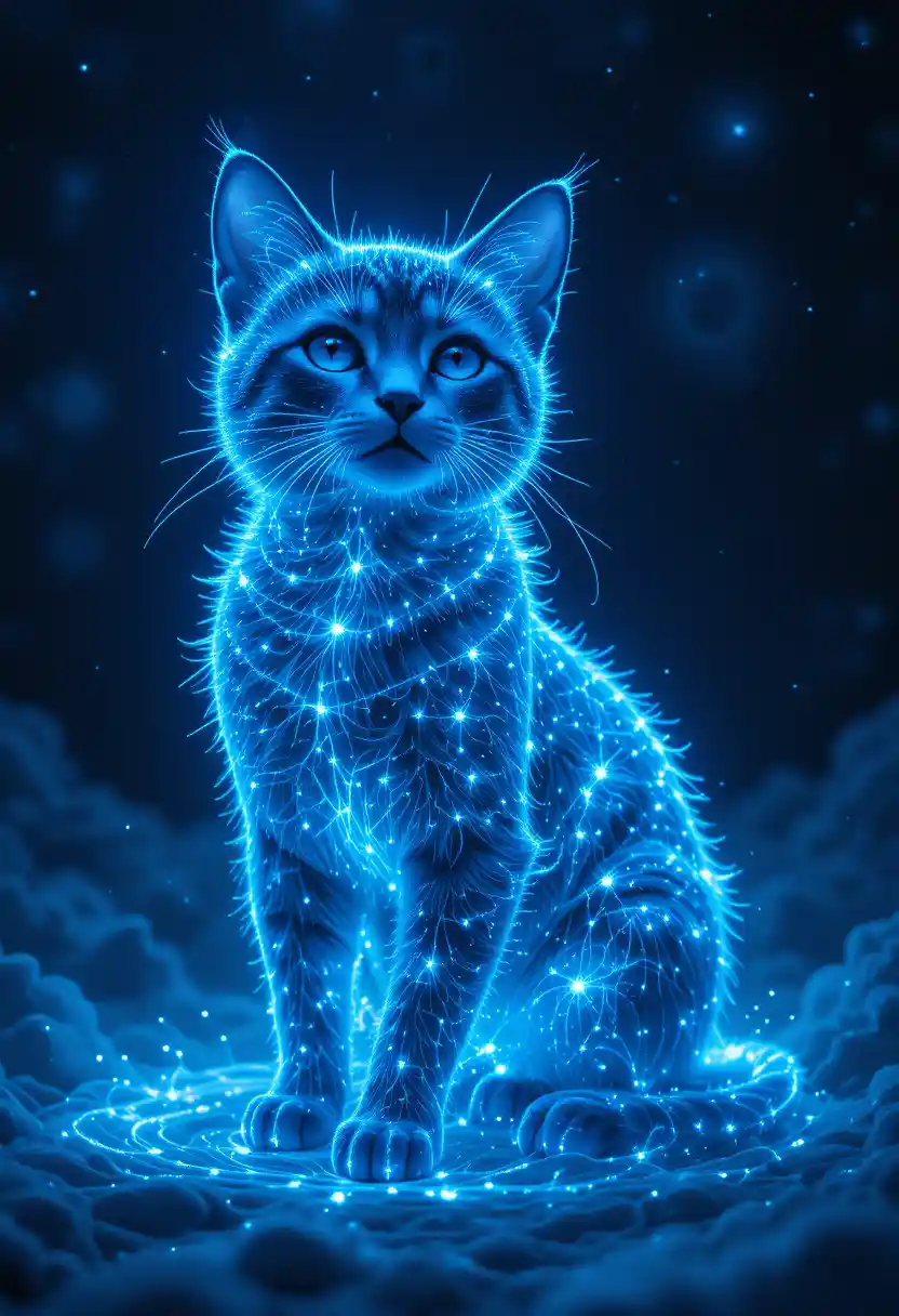 Glowing Blue Light Cat In A Magical Cosmic Field