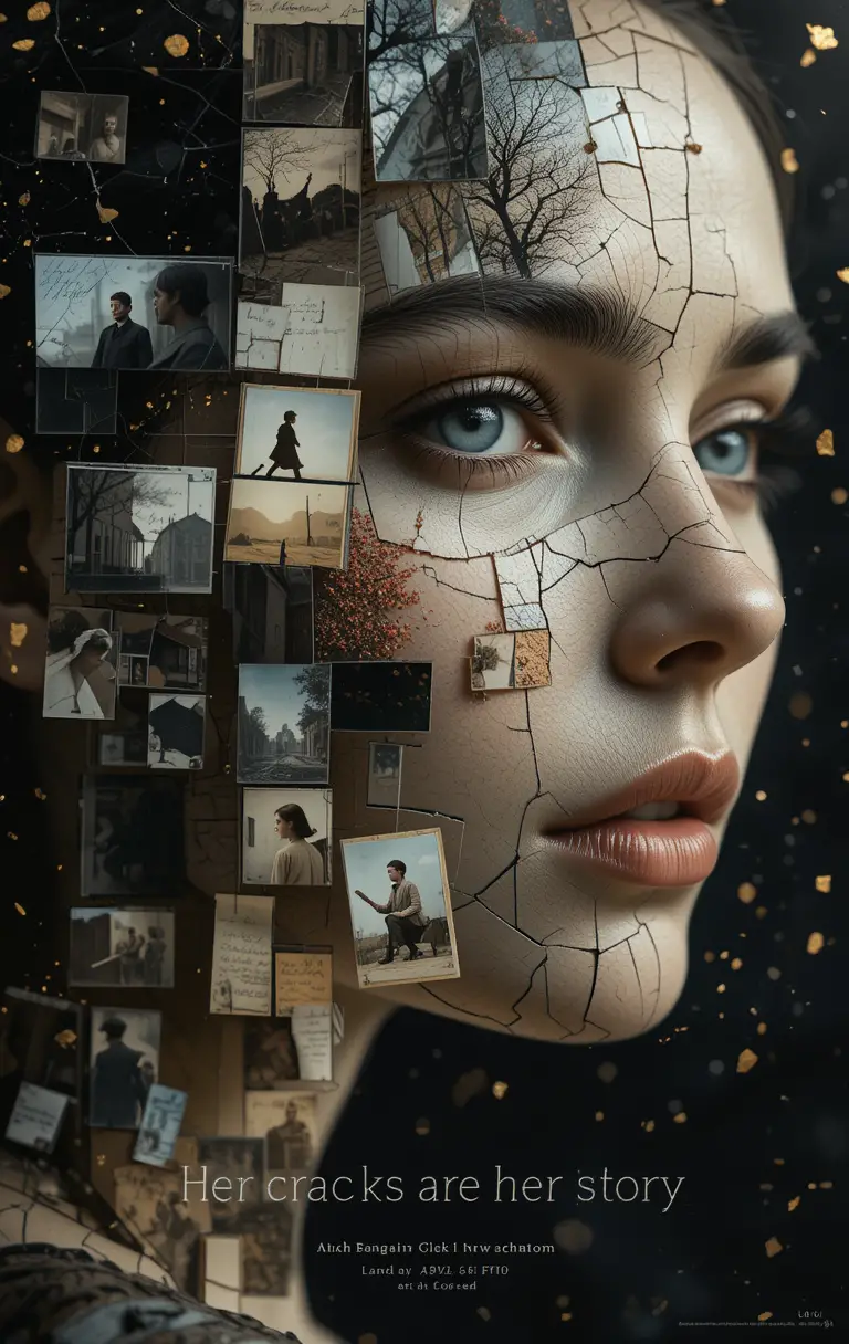 Layered collage portrait of a reflective woman with memories