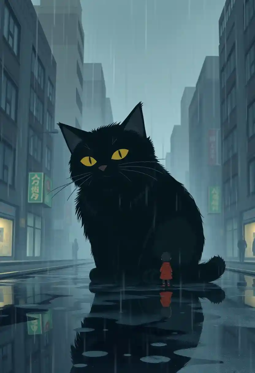 Giant black cat and child in rainy city illustration