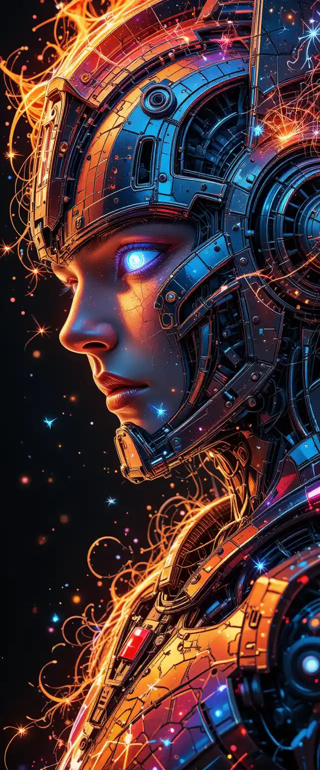 Colorful neon robot portrait in double exposure illustration