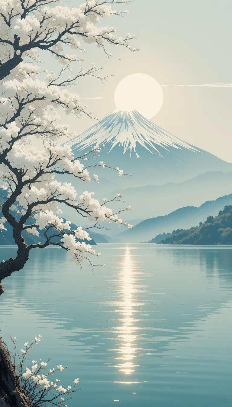 Serene Japanese Lake With Mount Fuji And Blossoming Tree