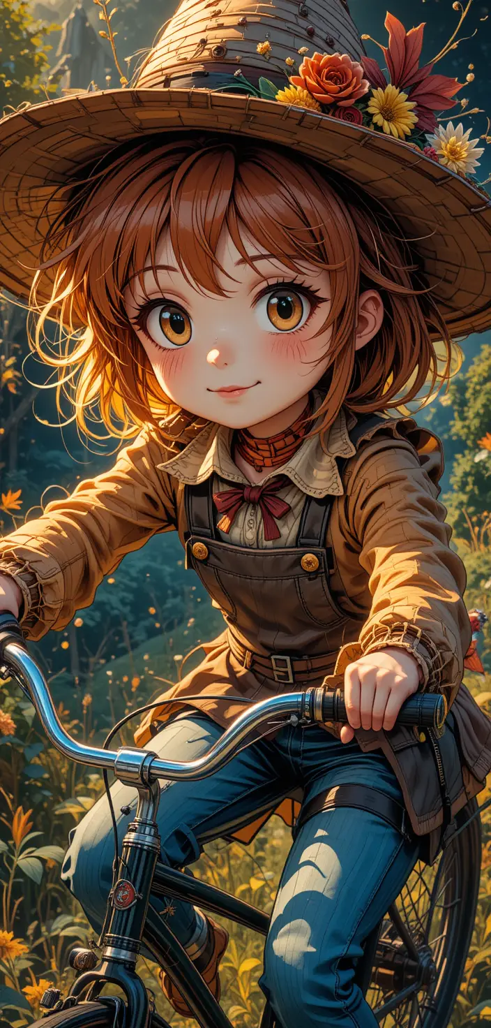 Anime poster of a tiny scarecrow girl on a bicycle