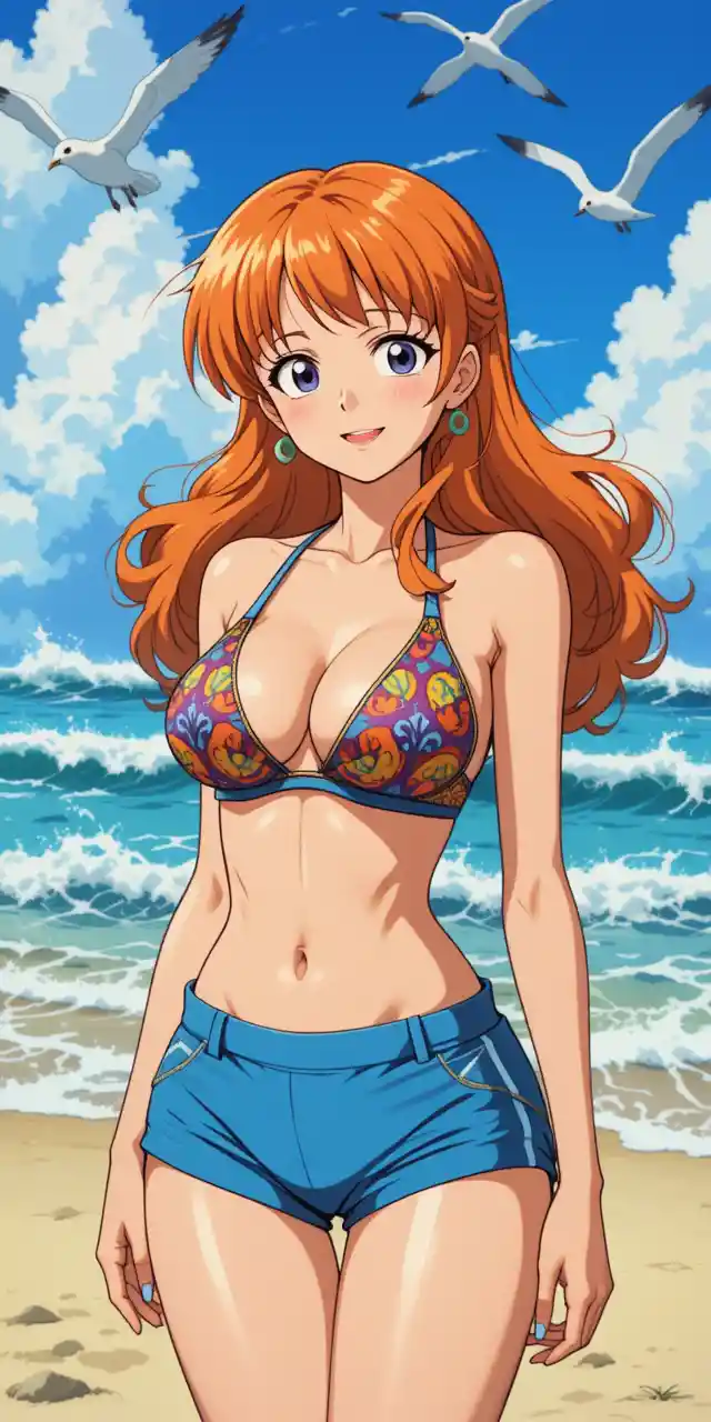 Orange haired anime woman on a sunny beach