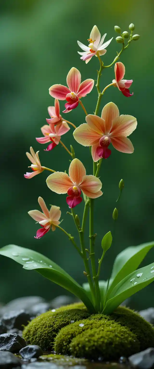 Close up orchid with colorful flowers and wet leaves