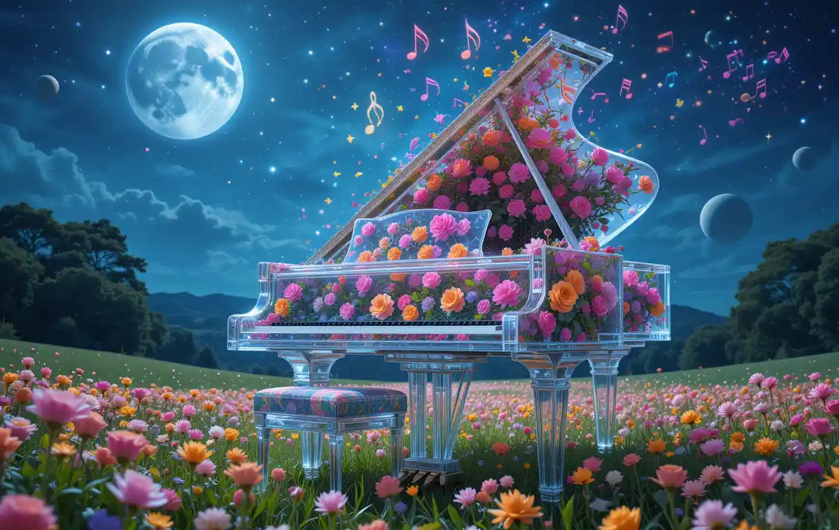 Glass grand piano in a flower filled fantasy meadow