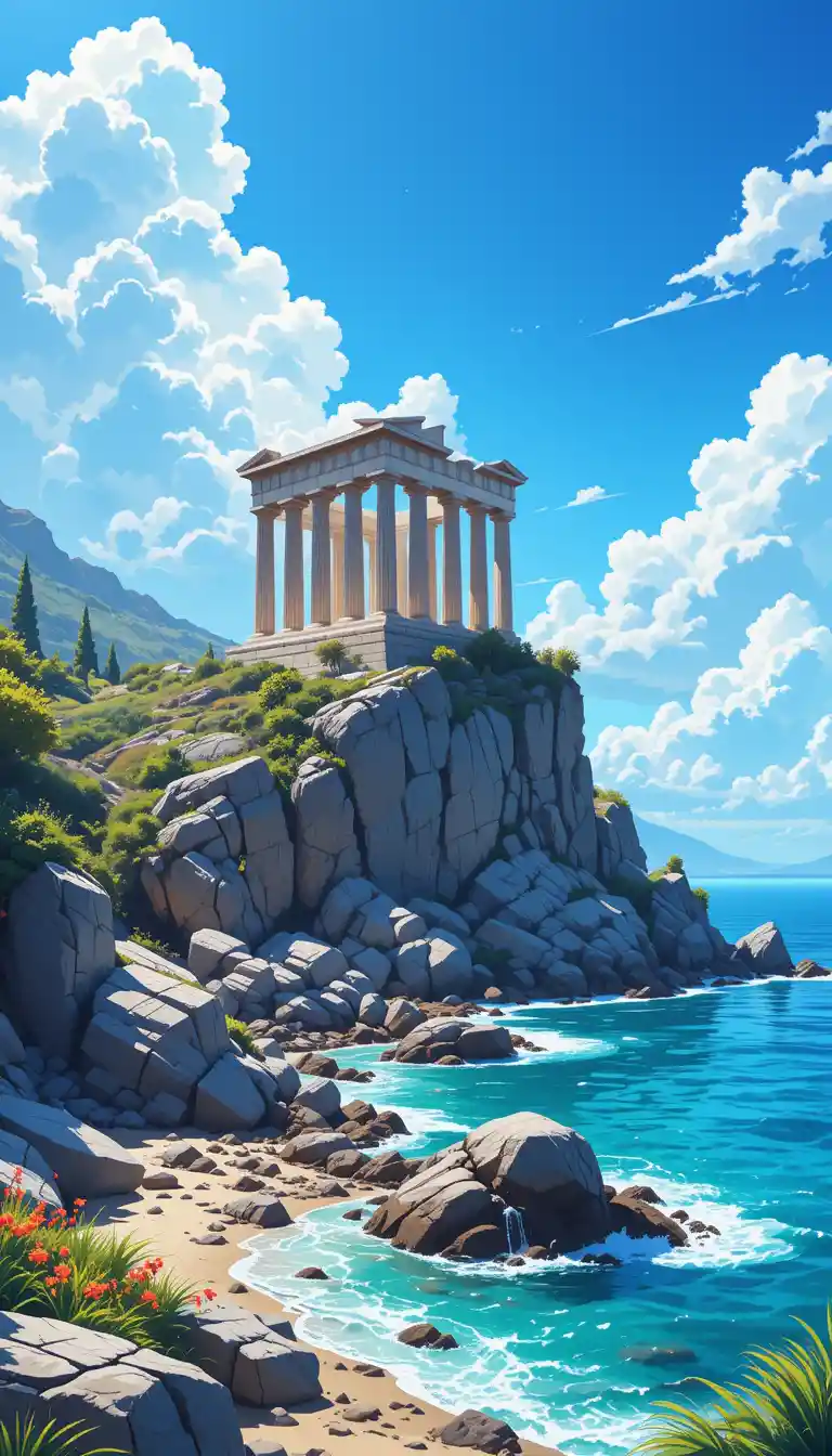 Ancient cliffside temple above a calm turquoise sea