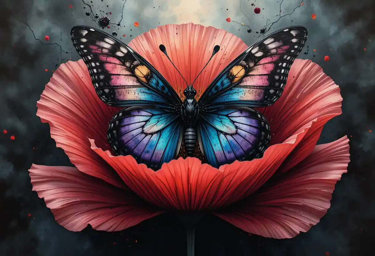 Butterfly Resting On Vibrant Poppy Flower In Abstract Ink