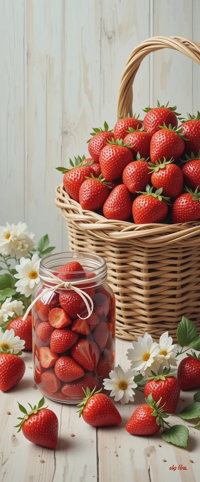Still life strawberries with wicker basket and glass jar