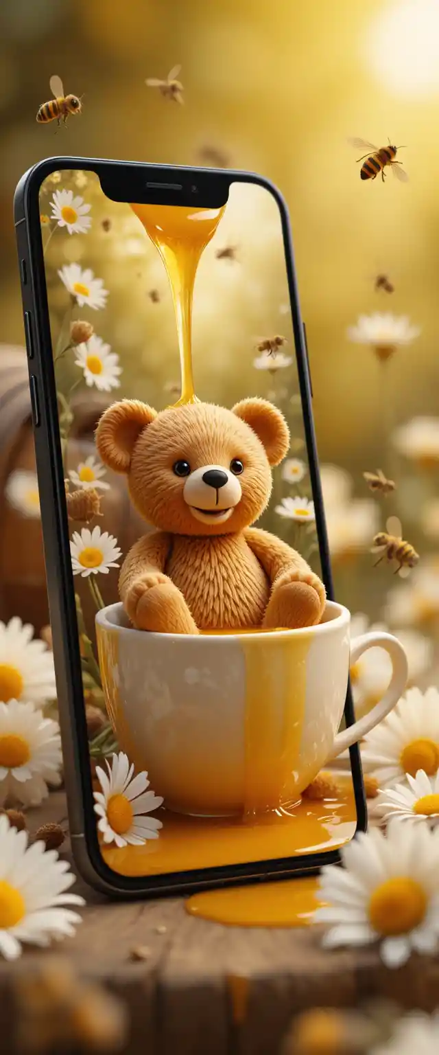 Smiling Teddy Bear On Smartphone In Honey Filled Teacup
