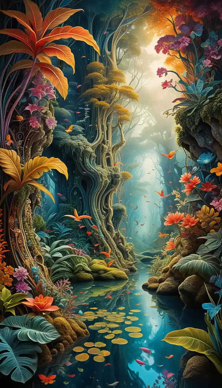 Colorful fractal jungle in a surreal abstract landscape
