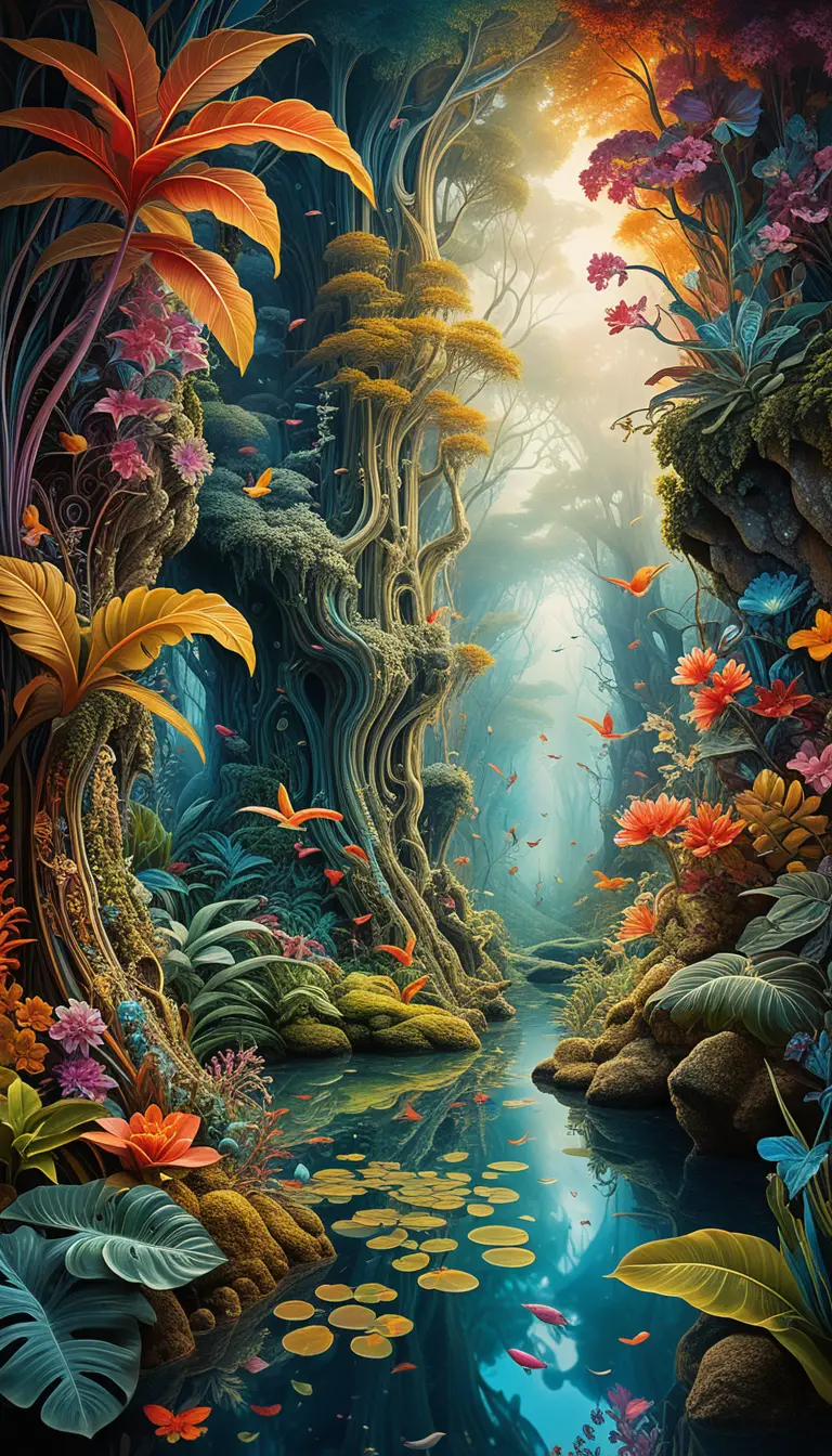 Colorful fractal jungle in a surreal abstract landscape