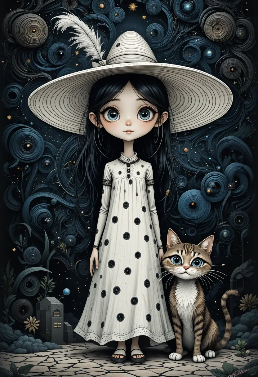 Whimsical girl and cat under a surreal night sky