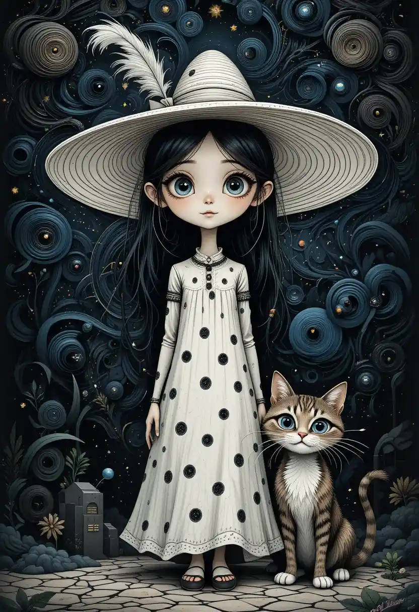 Whimsical girl and cat under a surreal night sky