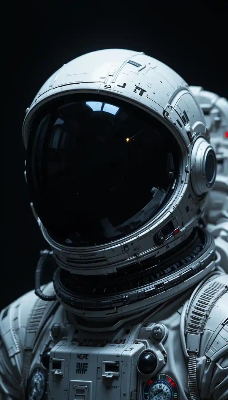 Futuristic astronaut head emerging from deep black darkness