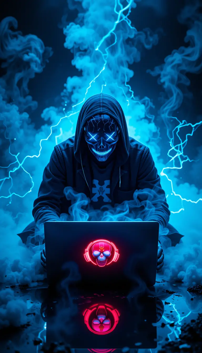 Hacker mascherato con maschera cyber al neon ispirata alla Repubblica Dominicana