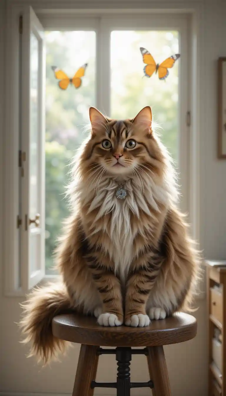 Brown And White Persian Cat On A Stool Indoors