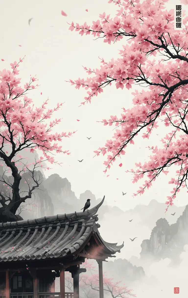 Ink Wash Cherry Blossoms With Birds On Ancient Rooftop