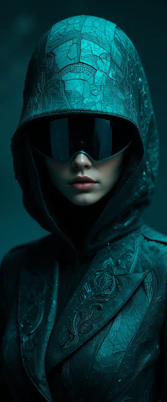Hooded fashion figure in teal with reflective visor