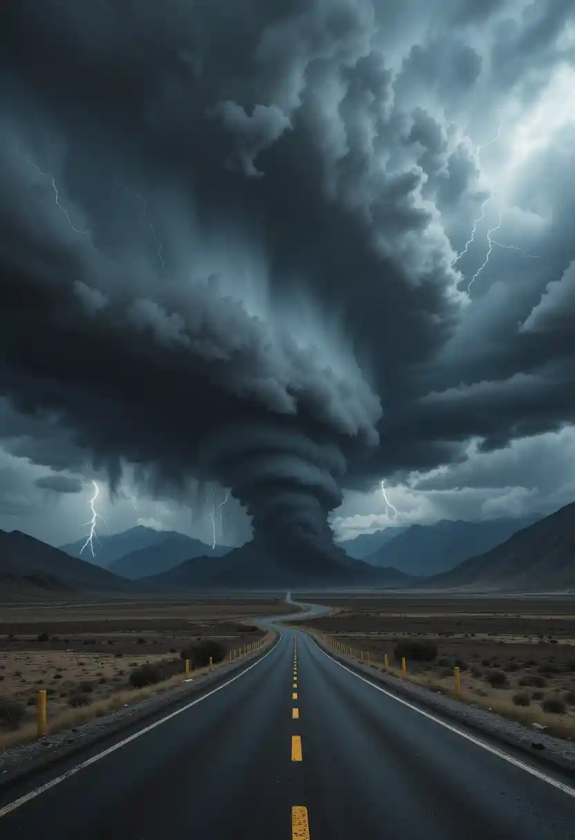 Dark stormy road leading toward a massive tornado
