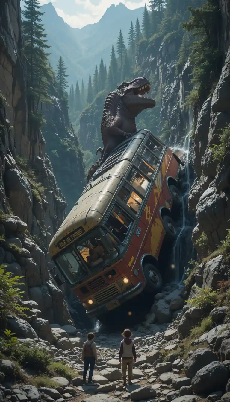 Dramatic Bus Plunging Into Ravine With Dinosaur Inside