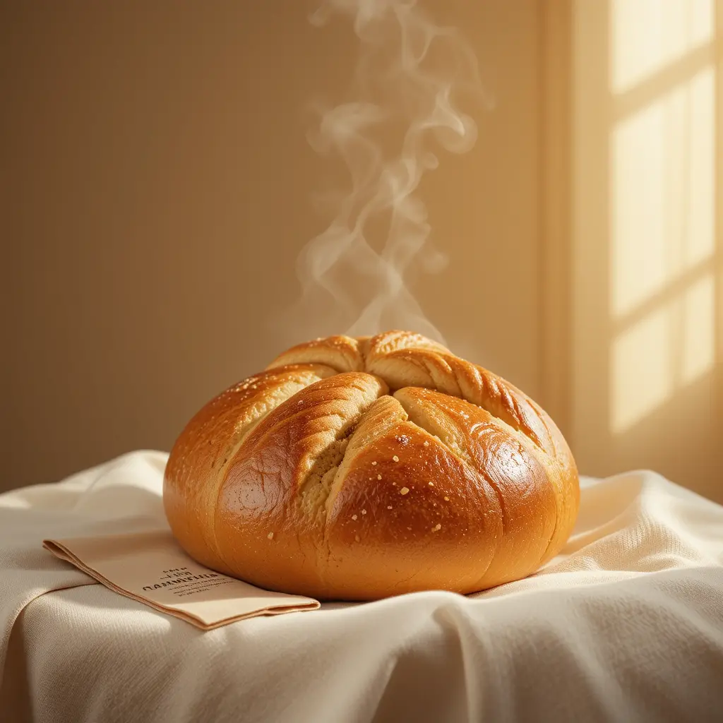 Fresh Ukrainian korovai bread on linen in soft light