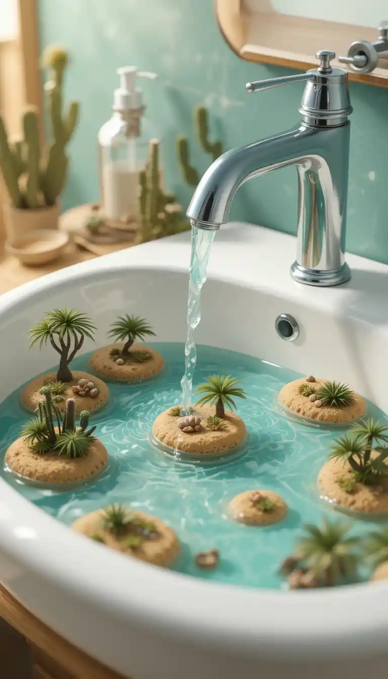 Surreal bathroom sink oasis in a tranquil desert