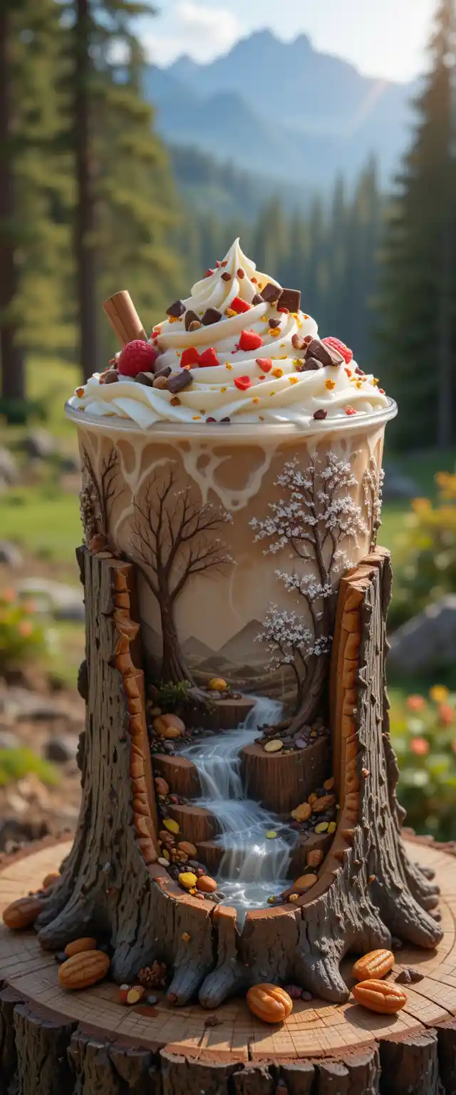 Fantasy dessert served in a carved tree stump forest