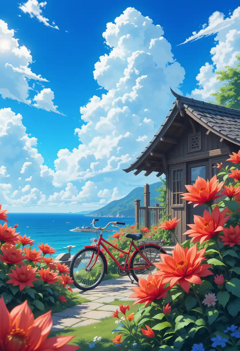 Fiery Red Flowers Framing A Seaside Cabin Entrance
