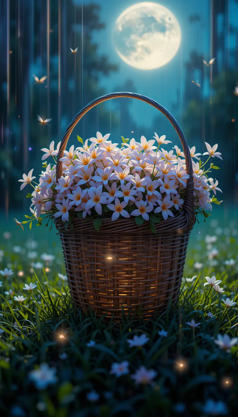 Handwoven basket of jasmine flowers under moonlit grass