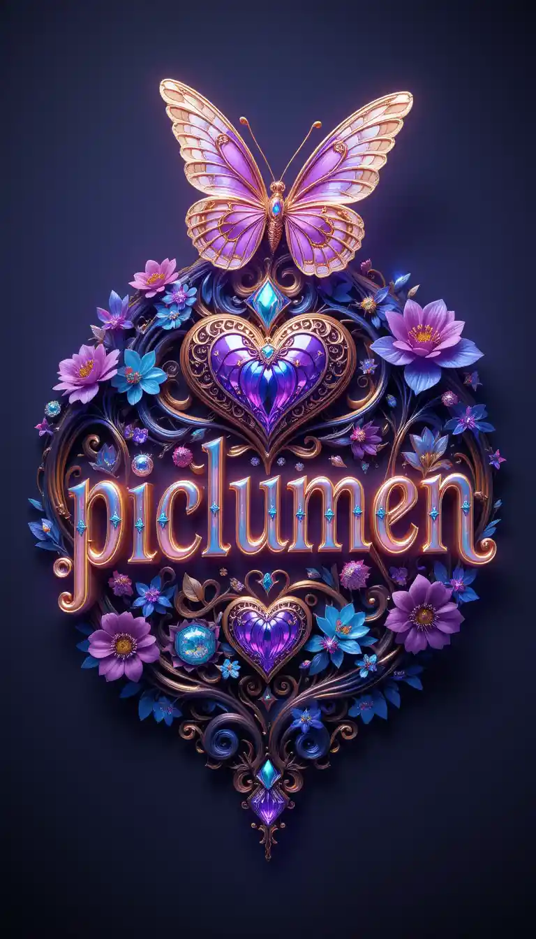 Glowing gem butterfly with hearts and flowers