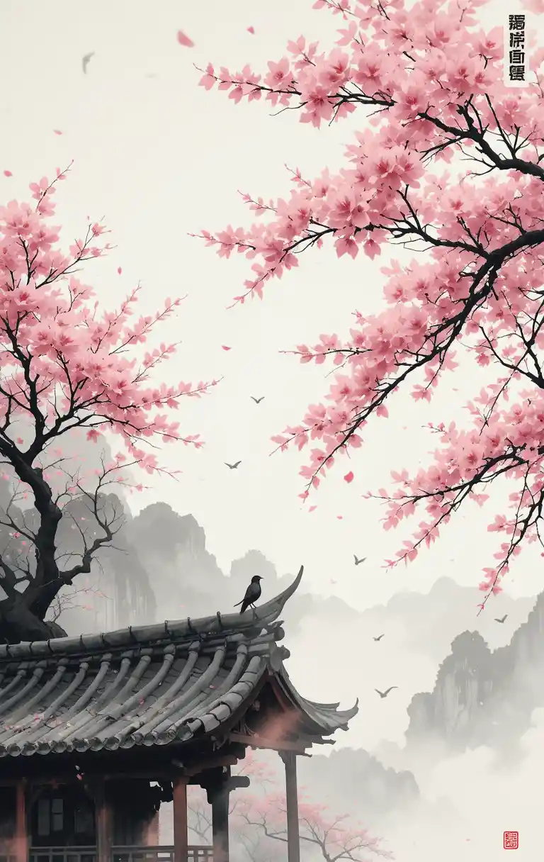 Ink Wash Cherry Blossoms With Birds On Ancient Rooftop