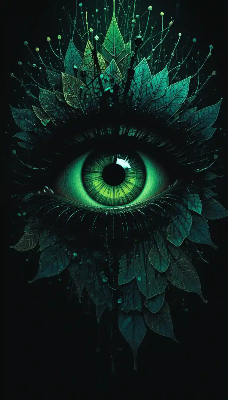 Giant green eye silhouette on a dark abstract background