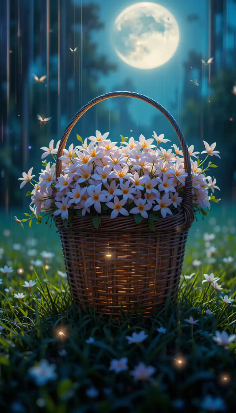 Handwoven basket of jasmine flowers under moonlit grass
