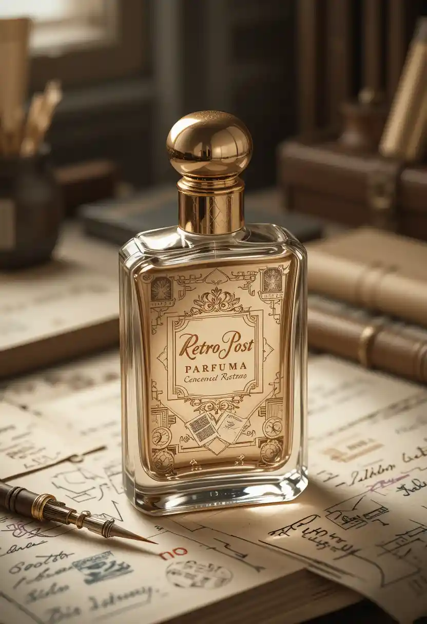 Vintage postcard perfume bottle on nostalgic writing desk