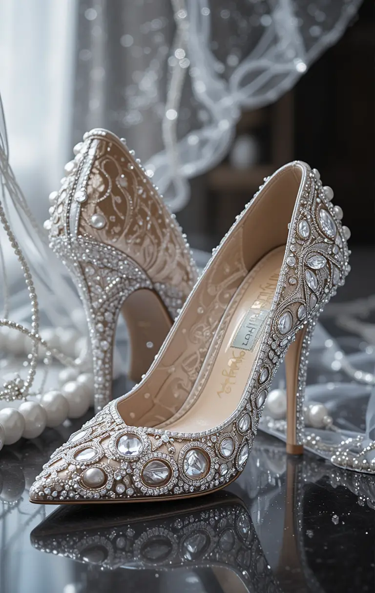 Elegant sparkling bridal shoes with pearls and rubies