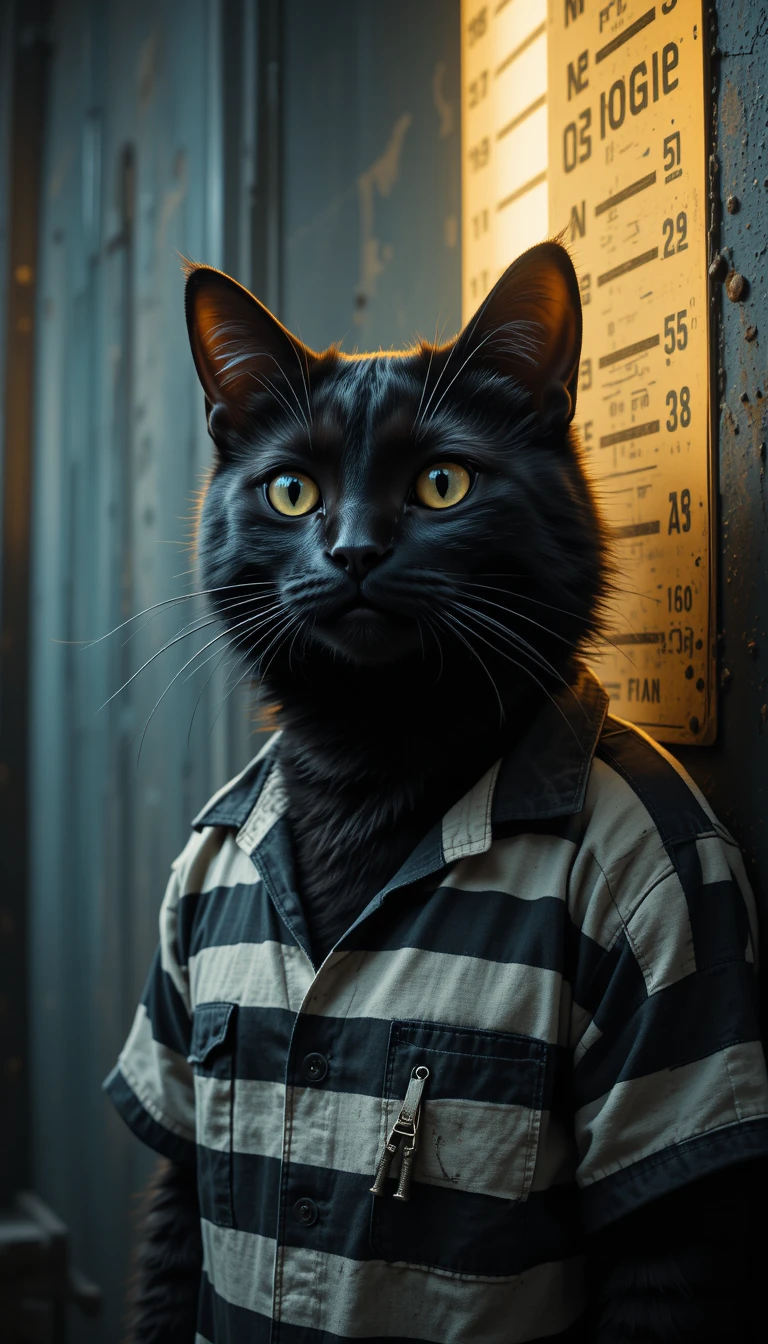 Retrato de ficha policial de gato negro con traje de prisión a rayas