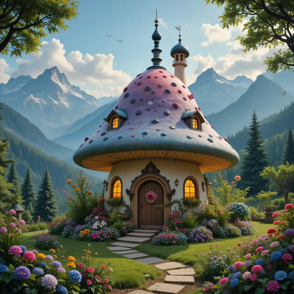 Whimsical Mushroom House In A Lush Mountain Courtyard