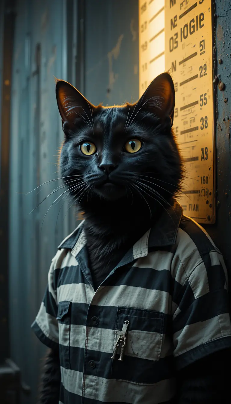 Black cat mugshot in striped prison outfit portrait