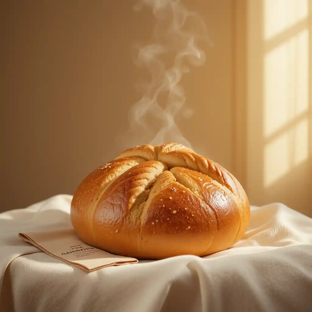 Fresh Ukrainian korovai bread on linen in soft light